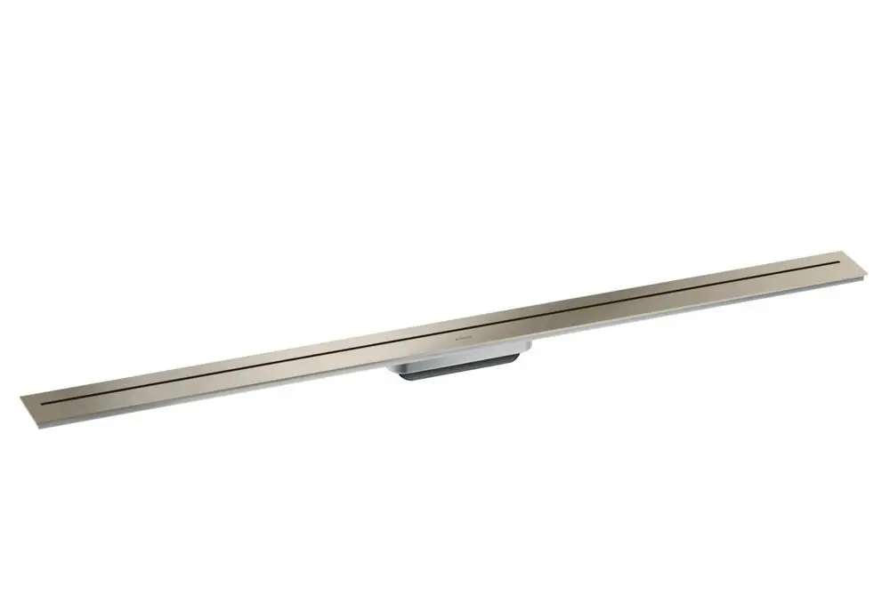 Duschrinne mit schlanker, länglicher Form in gebürstetem Nickel-Finish, geeignet für die Wandmontage, entworfen von AXOR.